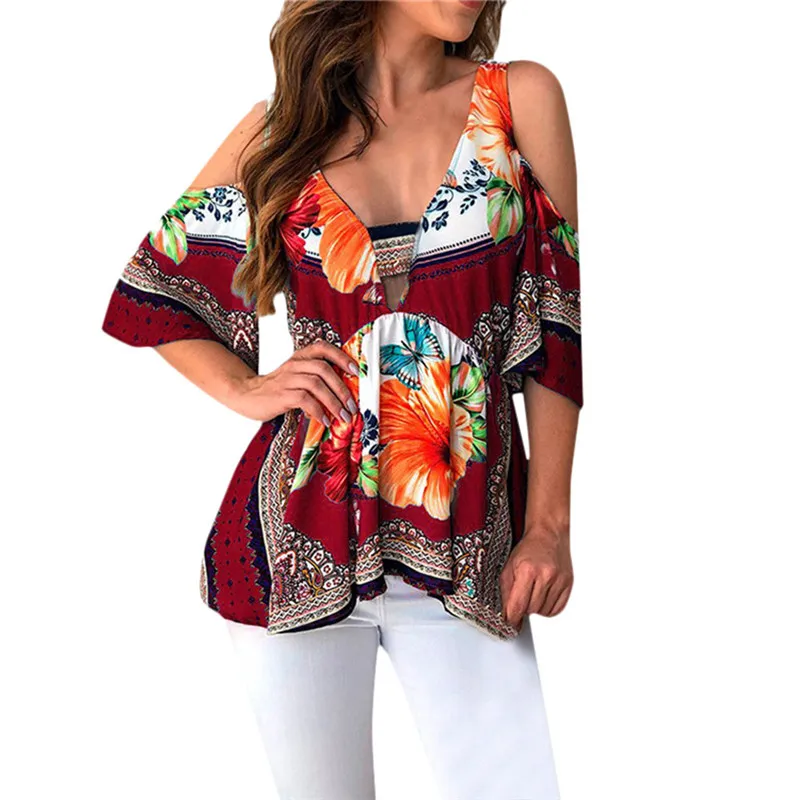 Модные женские туфли Boho Народный Обычай Футболка цветок глубоким v-образным