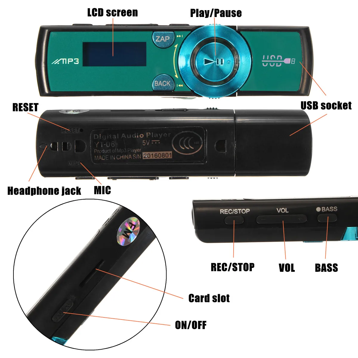 KINCO 32 Гб ЖК дисплей HD Экран USB MP3/WMA мини Media Player FM радио Micro SD/ TF карта + наушники зажим