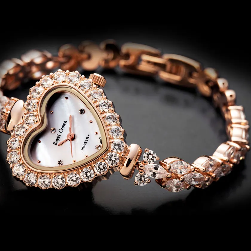 Rose Gold 1 Роскошные ювелирные изделия из кристаллов, женские часы, модные часы в форме сердца, платье, браслет, часы, стразы, подарок для девочки, Королевская корона, коробка - Цвет: Rose Gold 1
