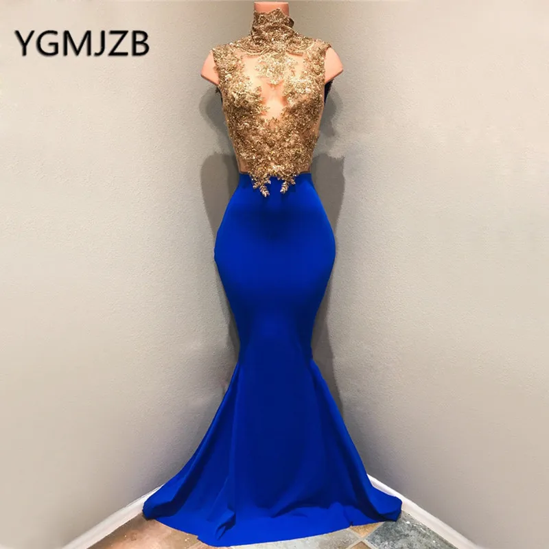 Женское вечернее платье с высоким воротом Золотое кружевное без рукавов