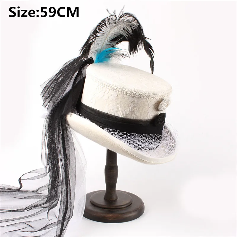 Black 59CM 4 размера, белая шерстяная женская шляпа-федора ручной работы для невесты, Женская сетчатая шляпа в стиле стимпанк, перо бобра, вечерние, Свадебные шляпы 15 см - Цвет: Black 59CM