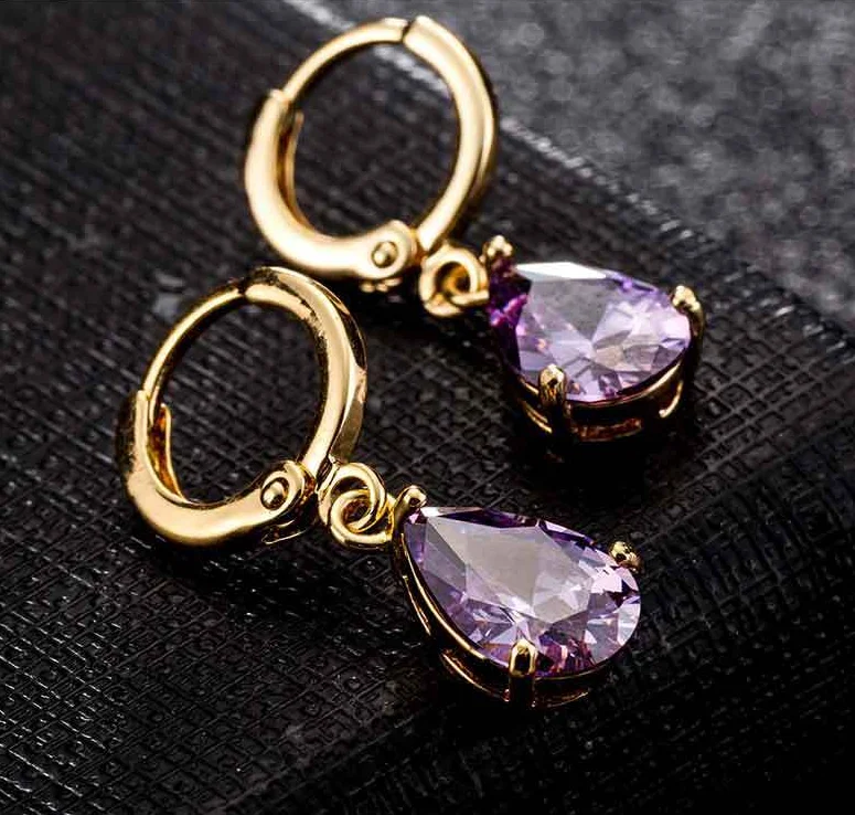 purple gold-color Роскошные Кристальные Висячие серьги для женщин, элегантные, 4 цвета, AAA+ CZ, белое золото, модные ювелирные изделия для свадьбы, вечерние, KBE447 - Окраска металла: purple gold-color
