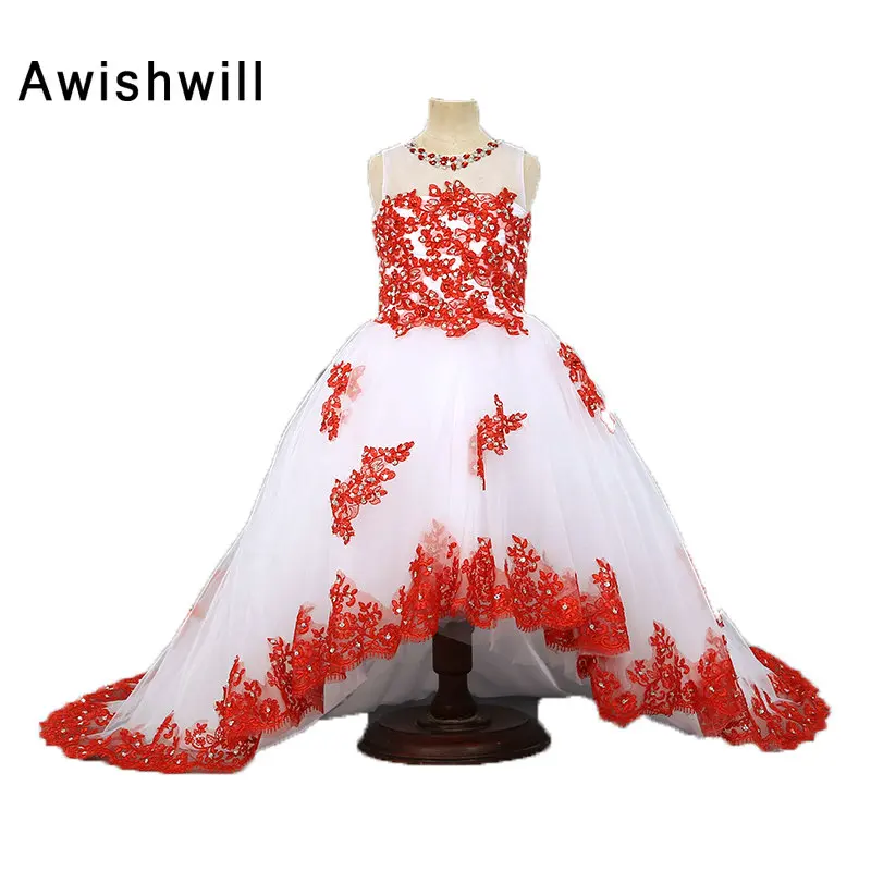 Цветочные платья для девочек на свадьбу 2020 белое с красным кружевом детское