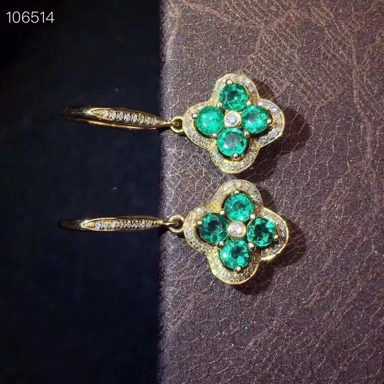 Серьги-капли с натуральным зеленым изумрудом из серебра 925 пробы, серьги-капли с натуральным драгоценным камнем, Модные женские вечерние ювелирные изделия с цветком клевера