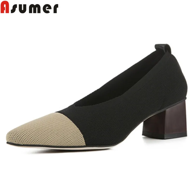 

ASUMER 2020 hot sale new pumps women shoes square toe shallow Knitting wool+cow leather shoes women square heels shoes women