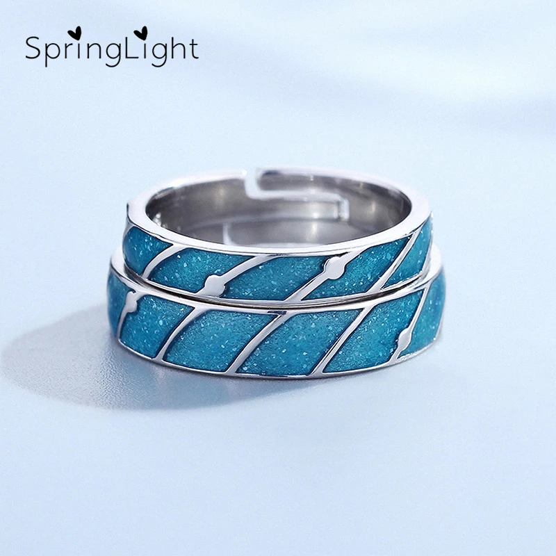 Pair Rings Весеннее кольцо с эмалью голубого неба Ван Гога, настоящее 925 пробы, Серебряное ювелирное изделие, 18 К золото, солнце, луна, звезда, пара колец для женщин - Цвет камня: Pair Rings