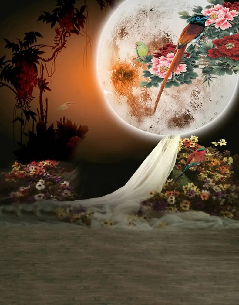 

5x7ft Chinese Painting Moon Flowers Bird Photography Backdrops Photo Props Studio Background
