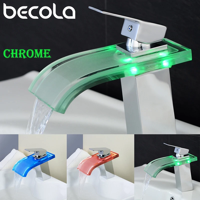 Светодиодный смеситель для раковины BECOLA ванной комнаты 3 цвета стекло датчик