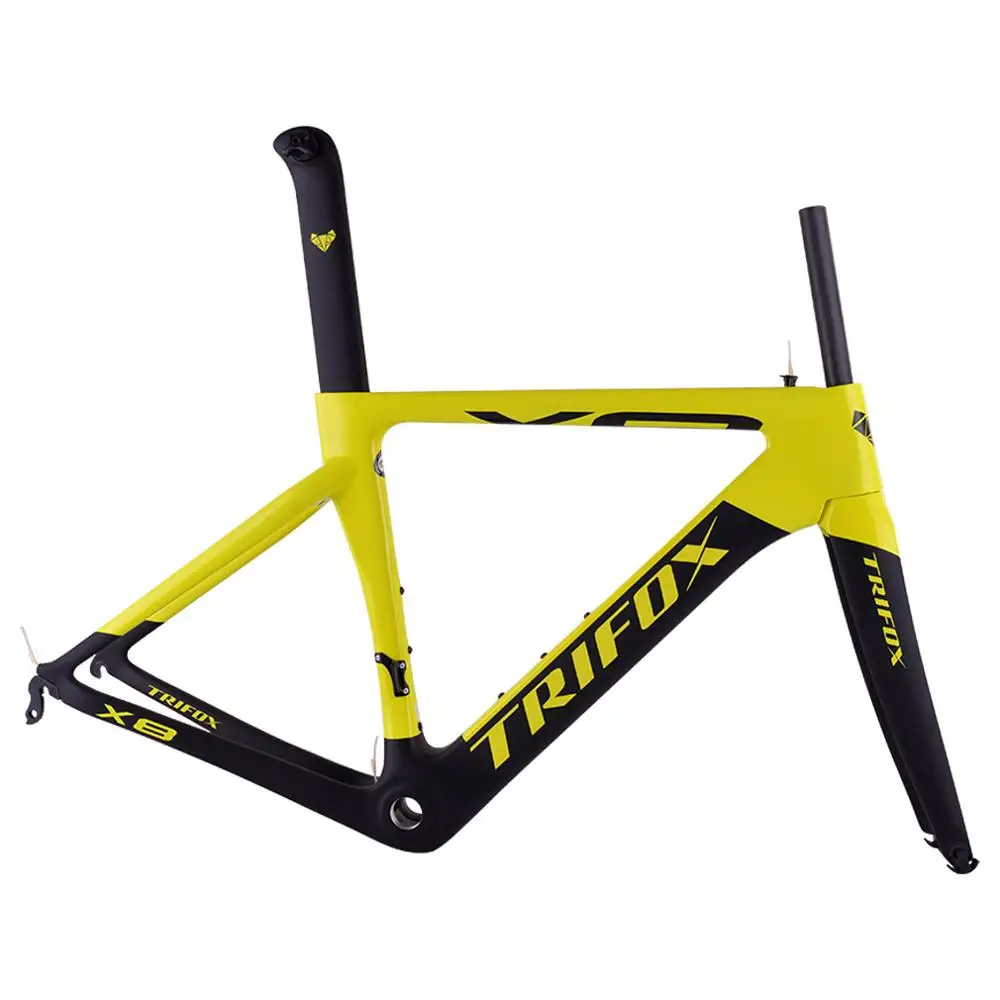 Fluorescent Yellow TRIFOX шоссейная велосипедная Рама из углеродного волокна Di2 и механическая 700C карбоновая рама для шоссейного велосипеда+ вилка+ гарнитура+ зажим+ подседельный штырь - Цвет: Fluorescent Yellow