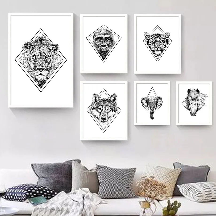 

Wall Art Canvas Painting Lion Elephant Horse Wolf Nordic Posters And Prints Animals Black White Wall Pictures For Living Room