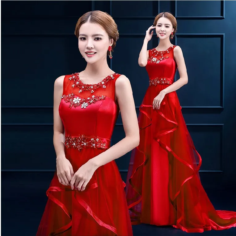 Женское вечернее платье с круглым вырезом красное Элегантное длинное формальное