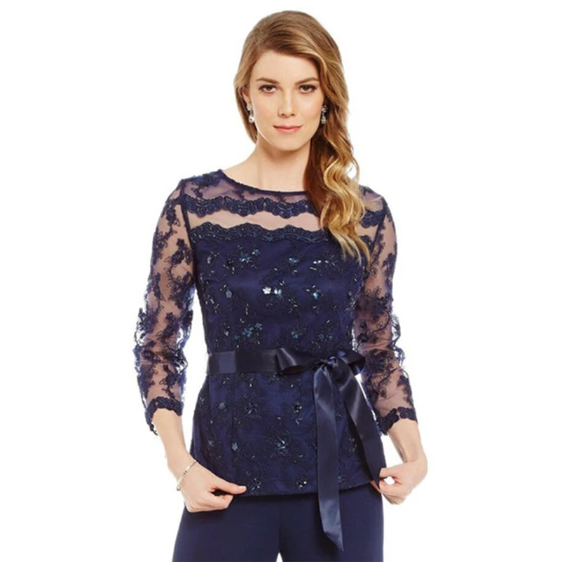 

Elegant Navy Blue Mother Of The Bride Dresses Chiffon Pants Suits Lace Top Sheer Jewel Neck Ribbon Belt 3/4 Long Sleeves