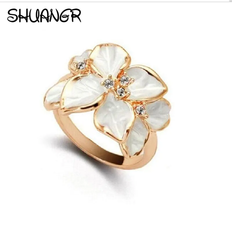 White SHUANGR,, Ювелирное кольцо с золотом, австрийский кристалл, черный и белый цвет, эмаль, цветок, обручальное кольцо для женщин - Цвет основного камня: White