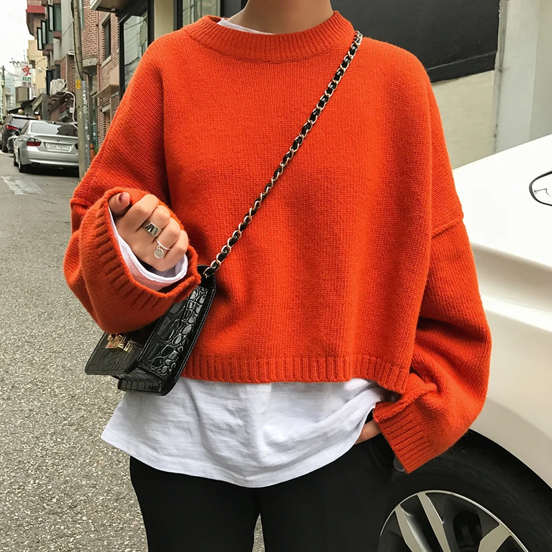 Autumn Loose Short Sweaters for Women Knitwear Pullover Lady's Casual Round Neck Wide Sleeve Split Knit Jumper Cropped Sweater | Женская