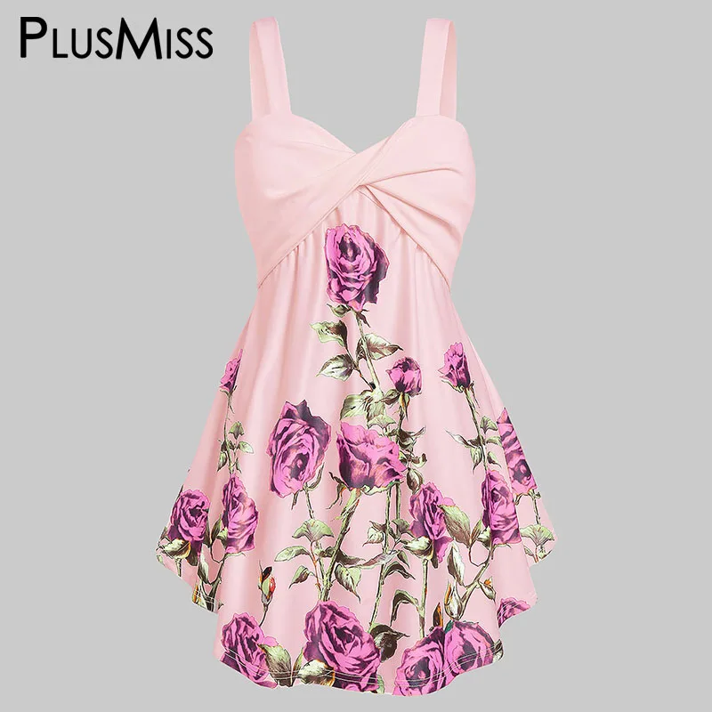 PlusMiss размера плюс 5XL розового цвета с цветочным принтом платье-туника платье на бретельках топы, женская одежда больших Размеры XXXXL XXXL XXL лето белый жилет в стиле бохо платье на бретелях
