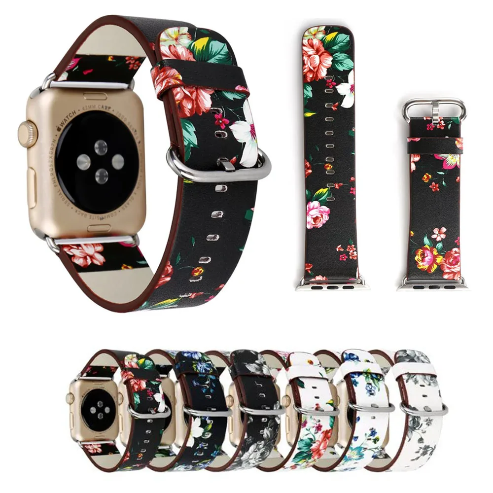 Ремешок кожаный в британском стиле с цветами для Apple Watch браслет iWatch 5 4 3 2 1