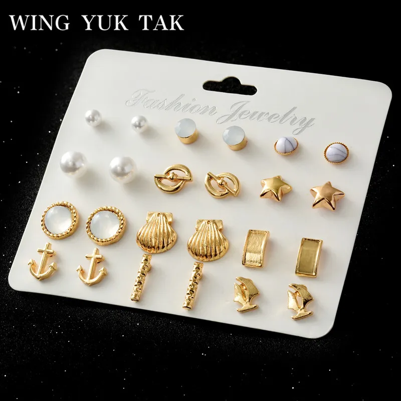 12 Pairs/Set Earring Trendy Gold Color Star Simulated Pearl Shell Statement Stud Earrings Set For Women 2018 New Arrival Jewelry | Украшения