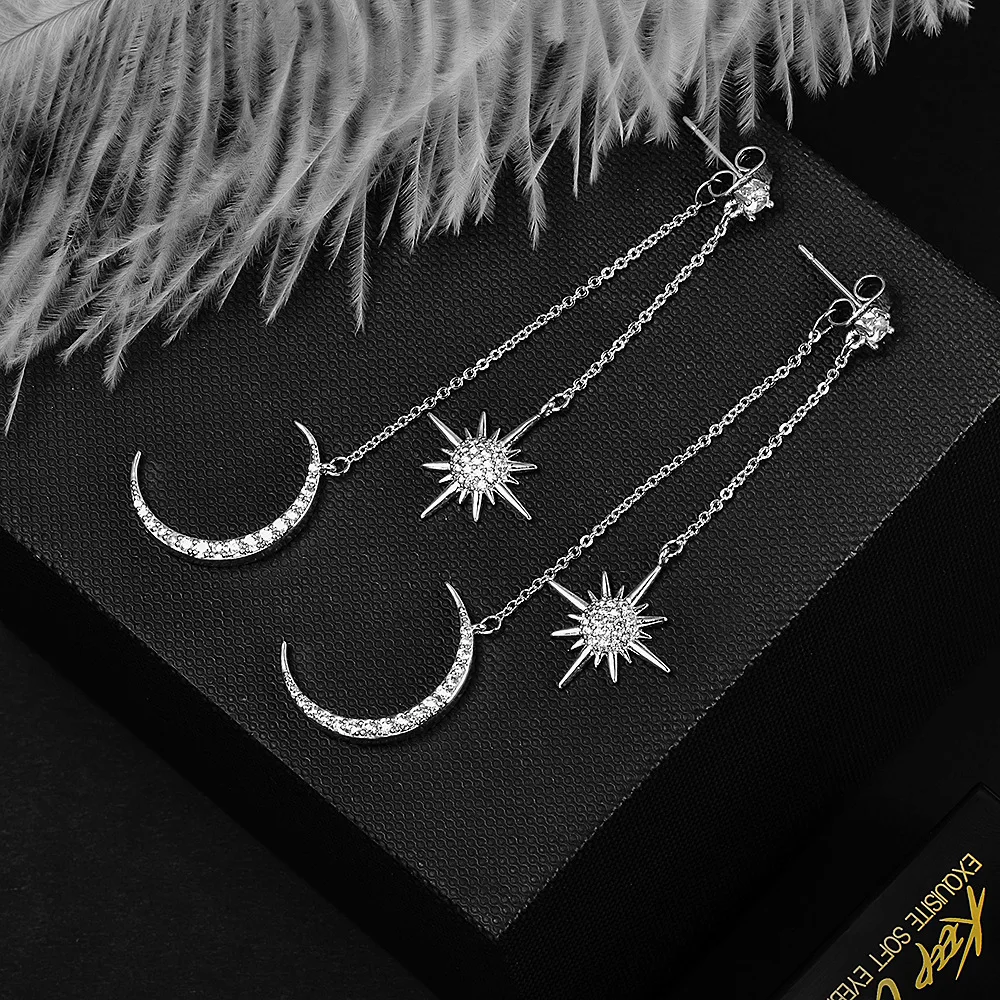 Серьги пусеты YUN RUO Micro Pave циркониевый камень Moon Star S925 серебряные гипоаллергенные