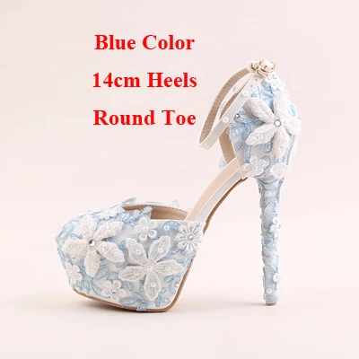 Blue 14cm Round Toe Синие кружевные свадебные туфли с острым носком и круглым носком; свадебные модельные туфли с ремешком на щиколотке; туфли-лодочки для выпускного - Цвет: Blue 14cm Round Toe