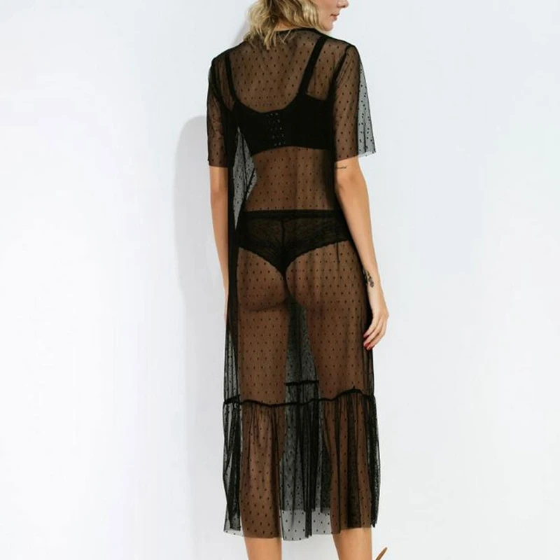Сексуальное женское вечернее черное Сетчатое платье Прозрачное в горошек