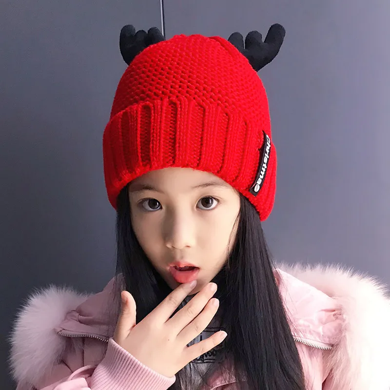 

Милая мультяшная вязаная шапка с ушками оленя, женские Искусственные зимние шапки, для девочек, детей, женские облегающие шапки AD0812