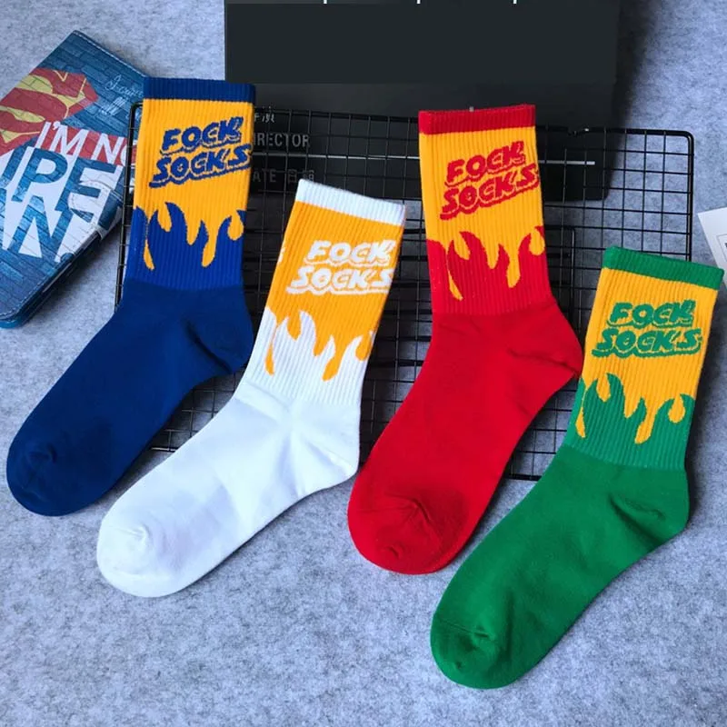 

[WPLOIKJD] Harajuku Street Hip Hop Crew Happy Socks Word Flame Hombre Divertidos Funny Style Skateboard Men Unisex Socks Men Sox