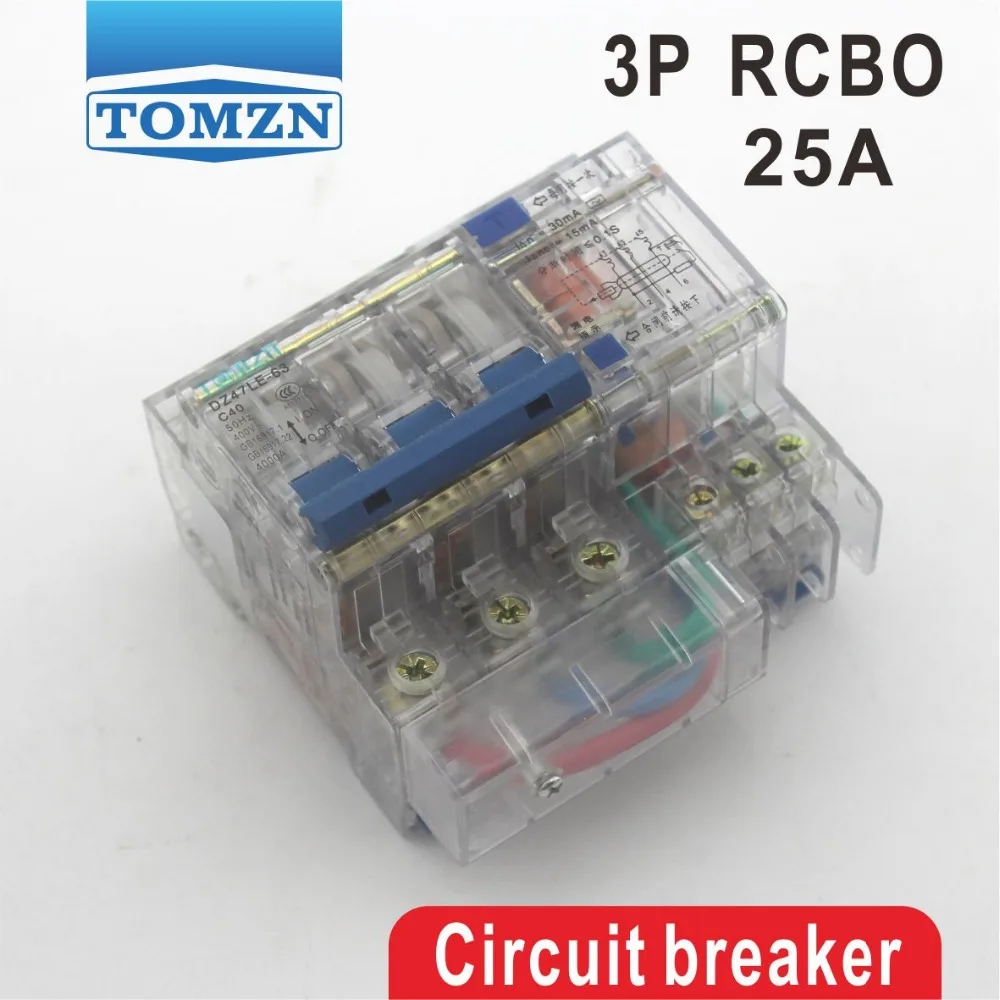 

Прозрачный DZ47LE 3P 25A 400V ~ 50HZ/60HZ автоматический выключатель остаточного тока с защитой от перегрузки по току и утечки RCBO