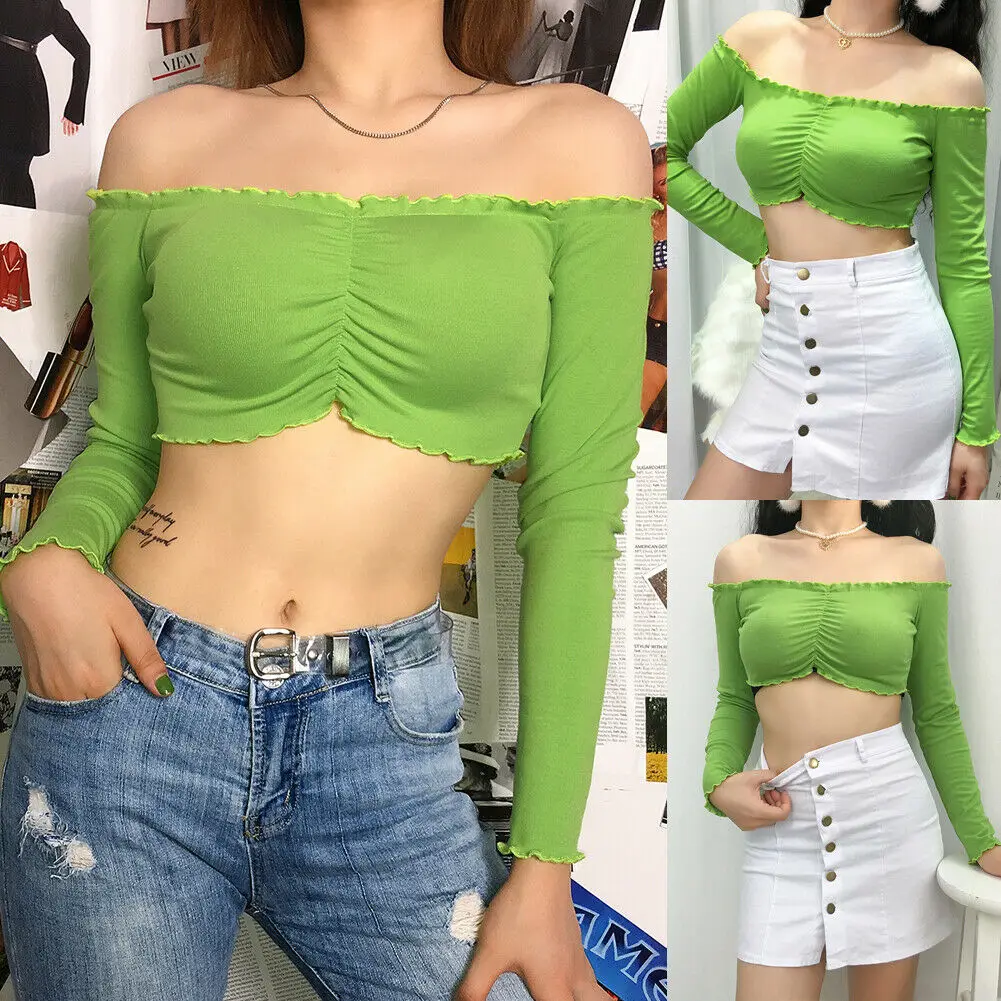 Женский укороченный Топ без бретелек однотонный топ-бандо с длинным рукавом