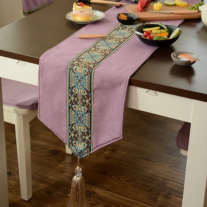 Light Purple Китайский традиционный настольный бегун с бахромой роскошный пэчворк настольный бегун s домашний декор комод чайный обеденный стол бегун пылезащитный - Цвет: Light Purple