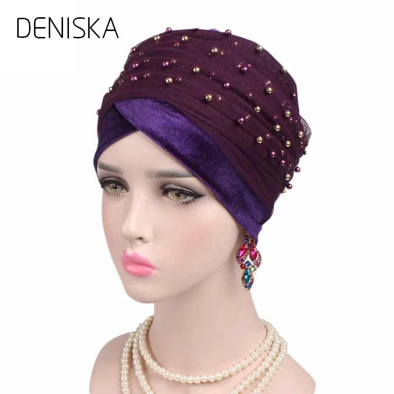 DENISKA 2018 Headscarf Turbante Luxury Mass Gold Beaded Mesh Head wrap Velvet Nigerian Turban Women Hijab Extra Long scarf | Аксессуары