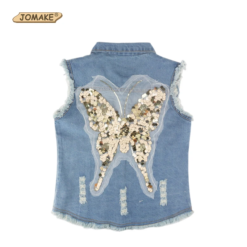 Джинсовый жилет с пайетками и бабочками для девочек коллекция весна 2018 года