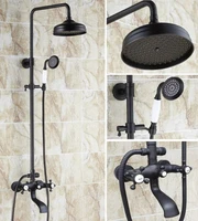 black oil rubbed brass dual cross handles bathroom 8 inch round rain shower faucet set bath tub mixer tap hand shower mhg102