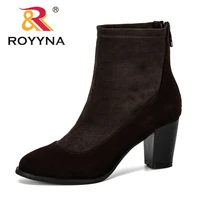 royyna 2019 spring autumn new fashion women boots high heels flock short booties black ladies shoes outdoor comfortable trendy