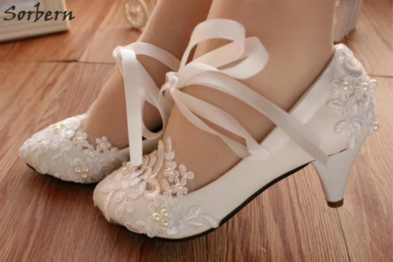 4.5cm Heel Sorbern; модные белые свадебные туфли; женские туфли-лодочки на высоком каблуке «рюмочка»; свадебные туфли из лакированной кожи с кружевной аппликацией и бисером; - Цвет: 4.5cm Heel