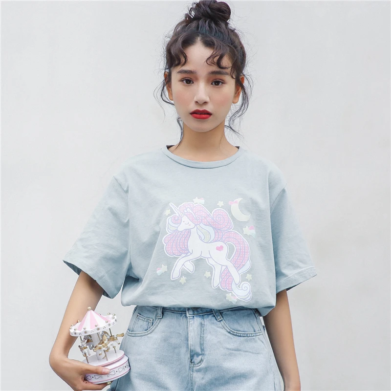 Harajuku Kawaii одежда лето 2020 корейская мода Весенняя футболка Милая с принтом