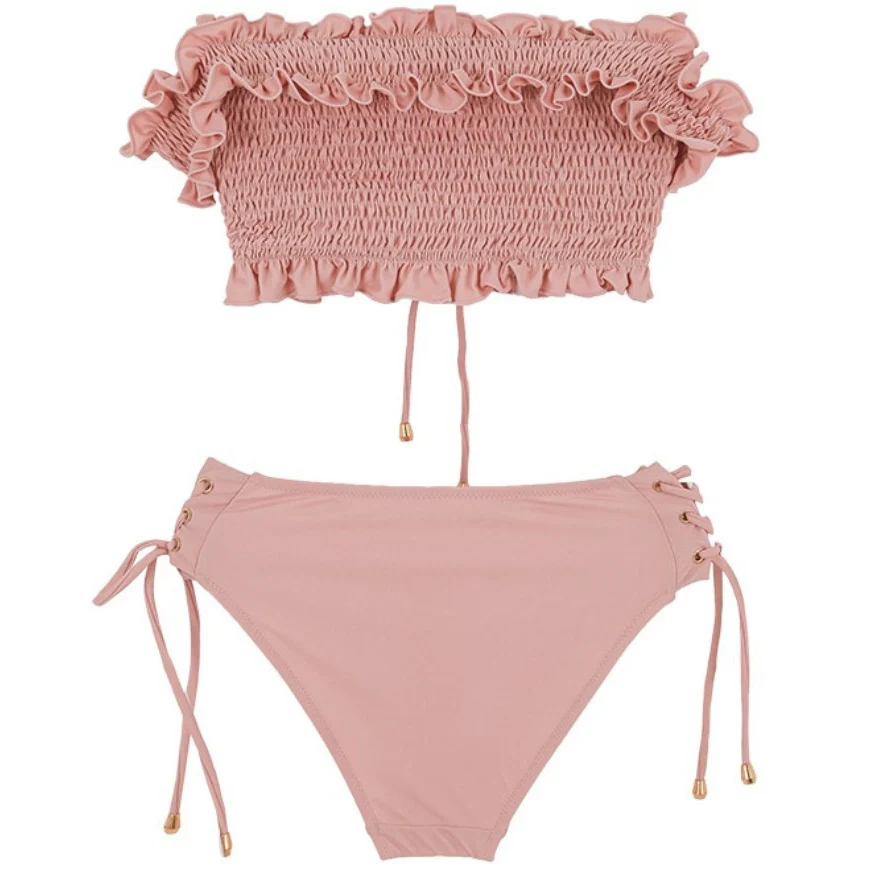 Сексуальное розовое бикини с рюшами на шнуровке открытыми плечами 2020 женская