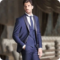blue groom tuxedos men wedding suits prom suits black peaked lapel 3piece coat pants vest costume homme slim fit terno masculino