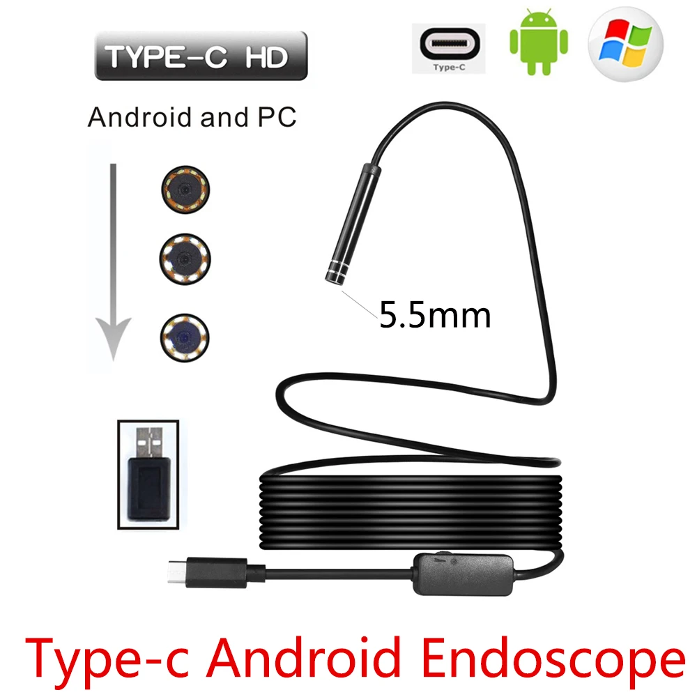 5.5mm USB Type-C Android Endoscope Camera Flexible Snake USB Type C Hard Wire 1M 3M 5M 7M 10M Cable Inspection Camera Borescope