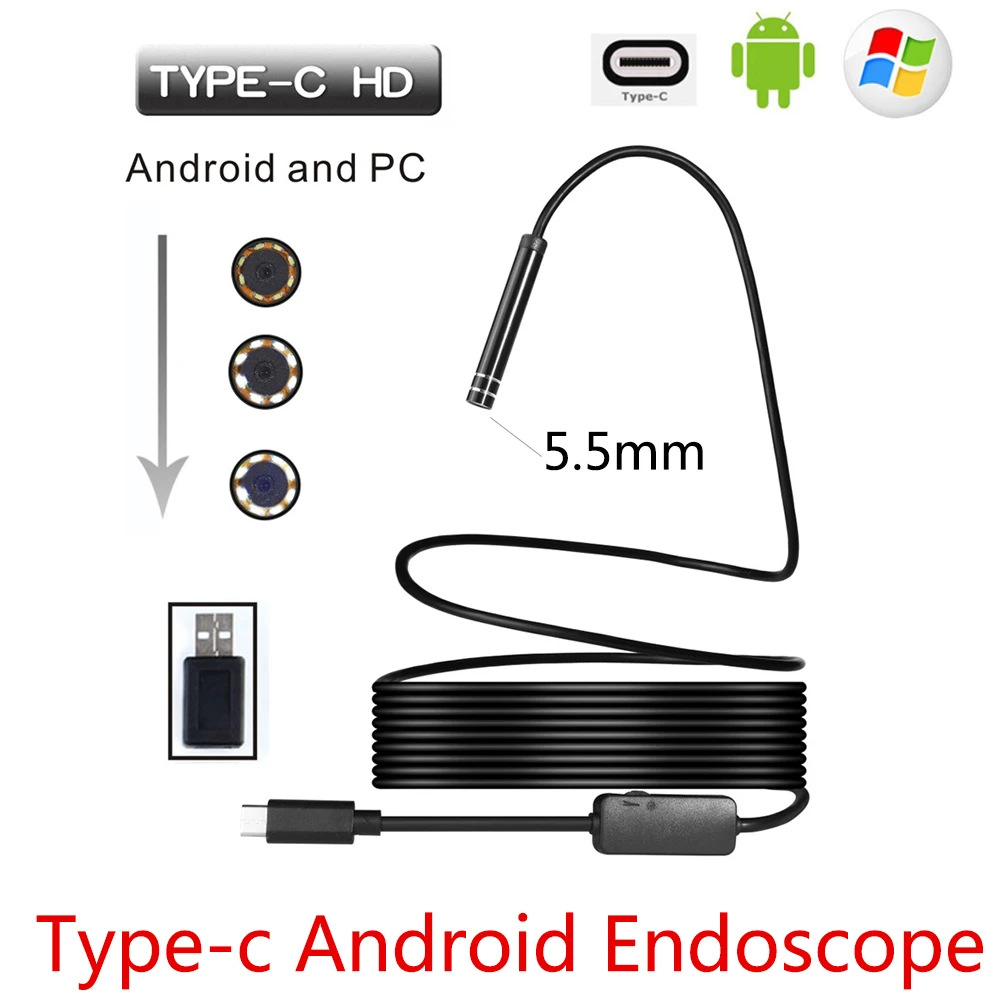 Камера эндоскоп с гибким кабелем 5 мм USB Type C жесткий провод 1 м 3 7 10 м|camera borescope|camera