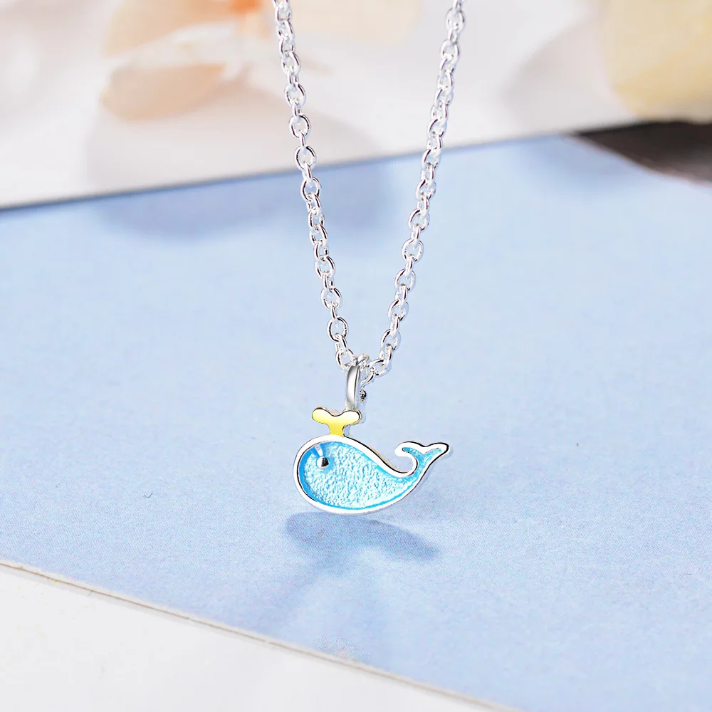 

YAOLOGE New 925 Sterling Silver Cute Little Blue Whale Marine Animal Necklace Cz Zirconia Girl Sweet Fashion Necklace