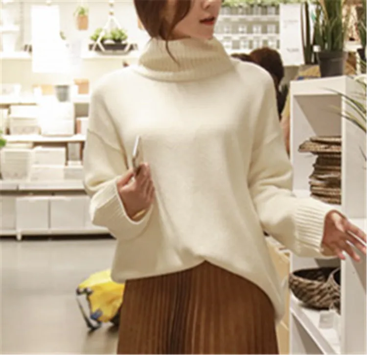 new arrival goat cashmere thick solid knit women korean style high collar long pullover sweater white 2color one&ampover size | Женская