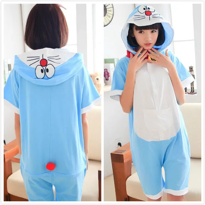 Лето Аниме Doraemon Коллекция Капюшоном Onesie Женщины Ladiy 100% Хлопок Cos Пижамы Партия с Zip