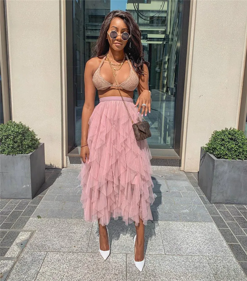 HITOM PRINCESS Fashion Tutu Tulle Skirt Women Long Maxi Skirt Summer High Waist Pleated Skirts Female Jupe Saias