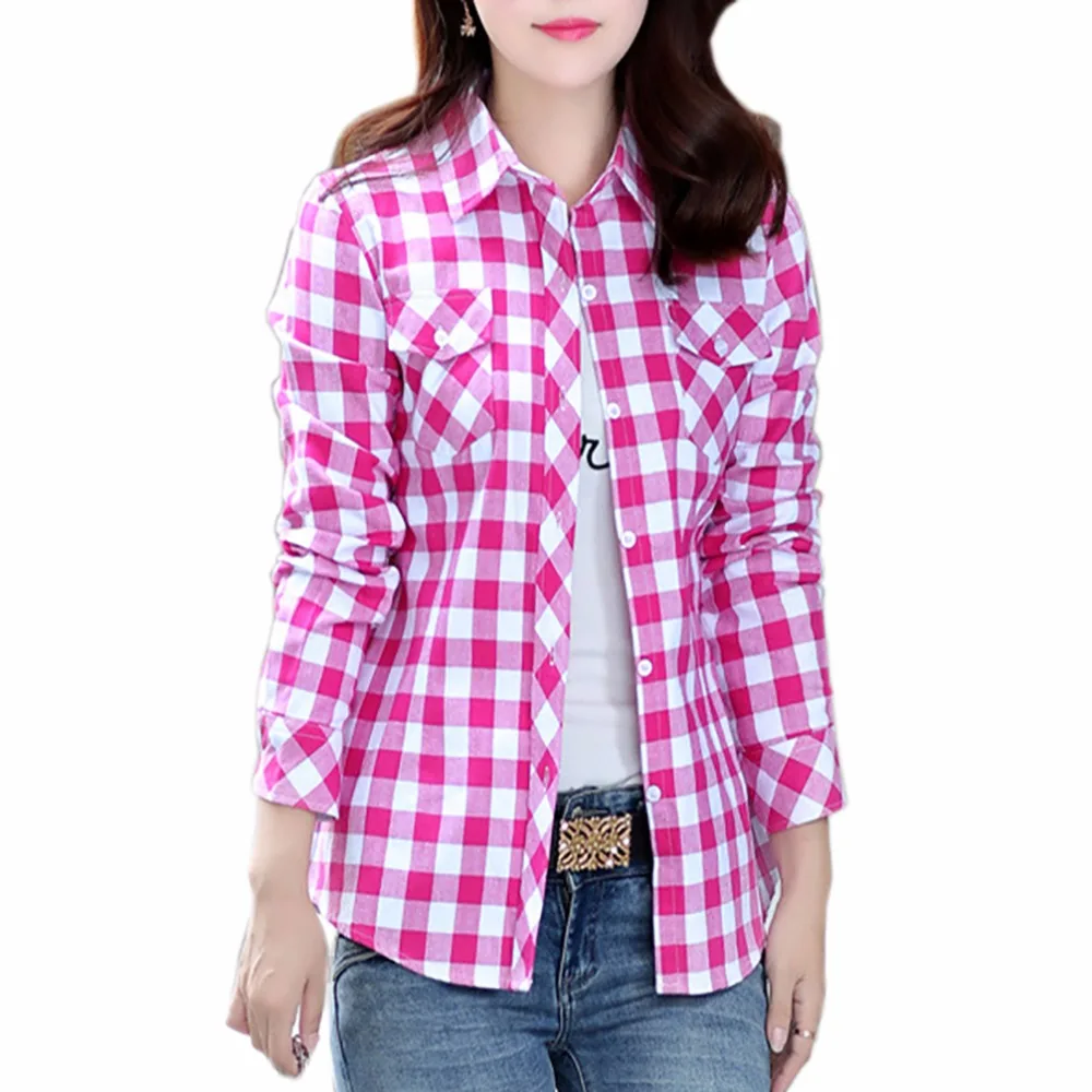 Женская хлопковая блузка в клетку Повседневная Уличная одежда большие размеры