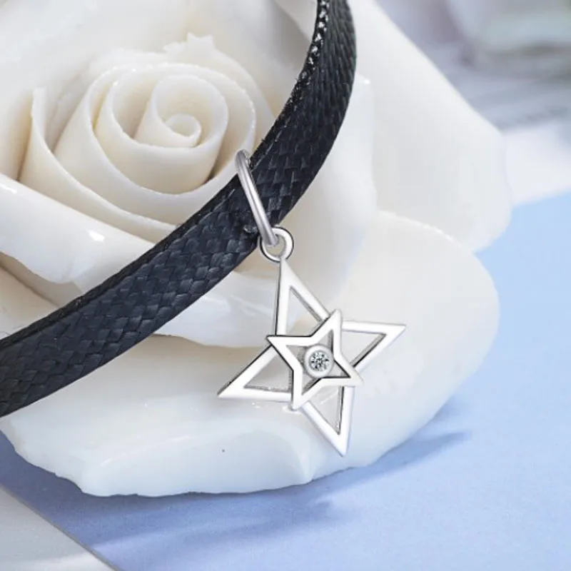 KOFSAC New Fashion Meteor Pendant 925 Silver Necklaces For Women Party Black Wax Rope Choker Shiny Crystal CZ Star Jewelry Gift | Украшения