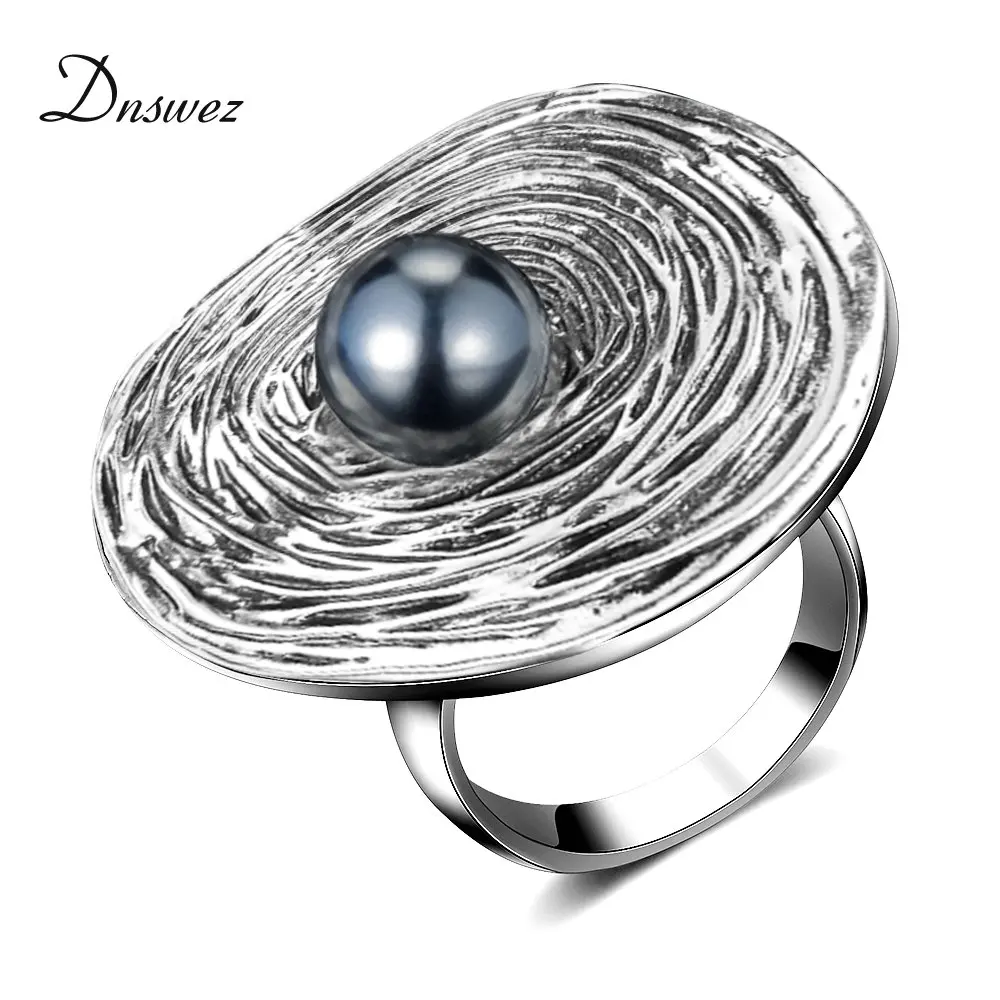 Dnswez Big Round Ring for Women Retro Silver Color with Black Pearl Decoration Geometric Gift Jewelry Bijouterie R1990 | Украшения и