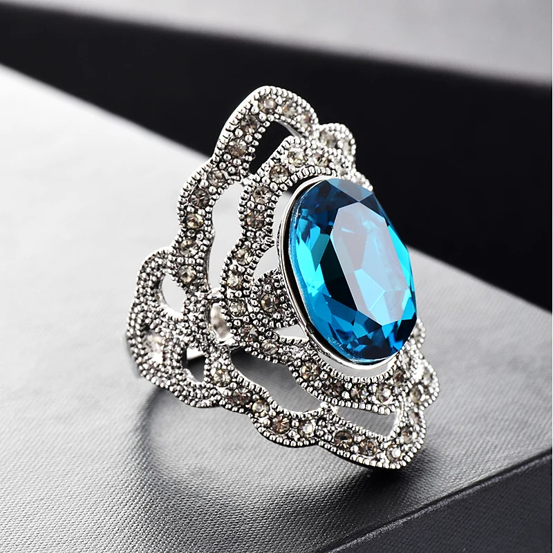 

vintage Original Brand Designer antique silver Color Austria blue Crystal Fashion zircon Rings for Women engagement gift J02808