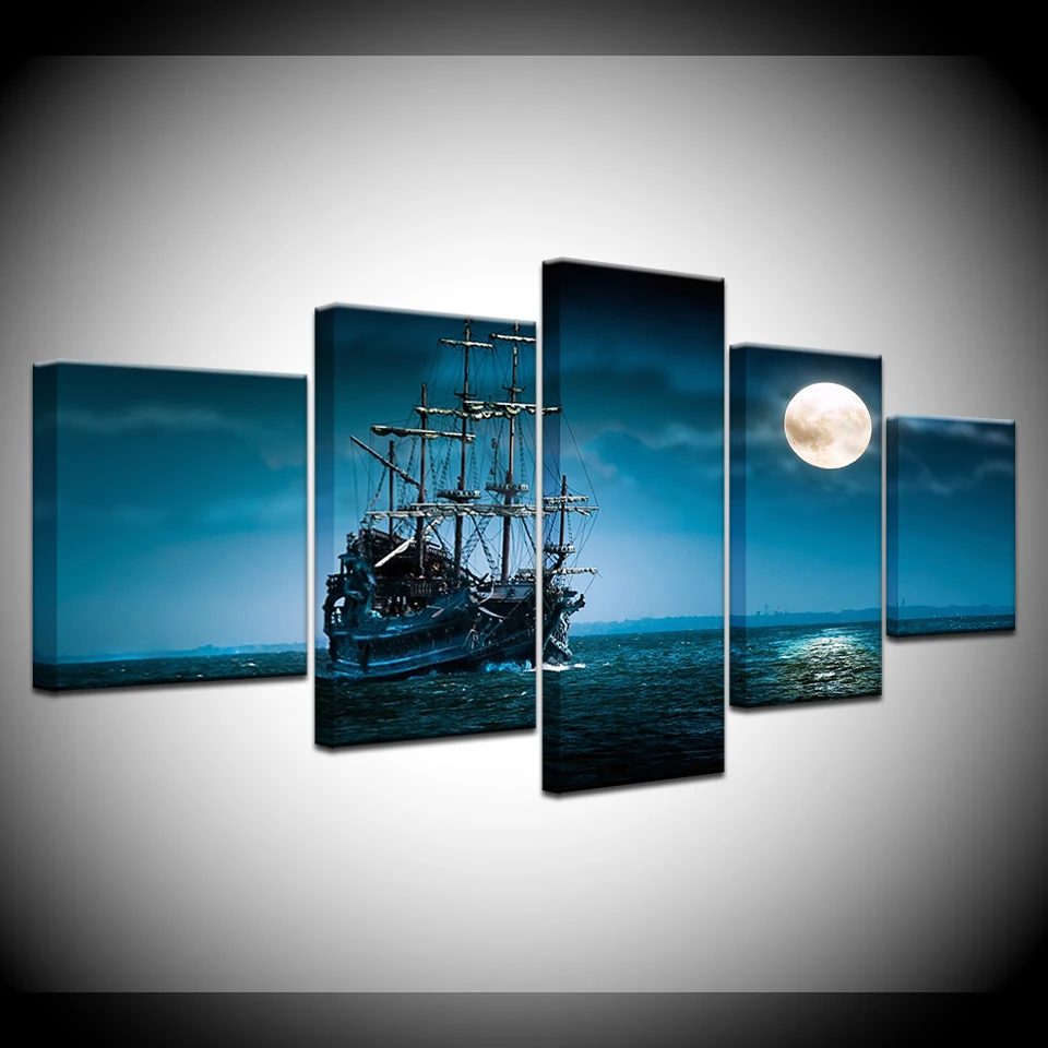 

Canvas Painting The ship on the sea night sky 5 Pieces Wall Art Painting Modular Wallpapers Poster Print living room Home Decor
