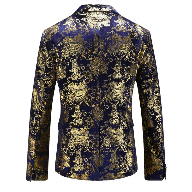 PYJTRL Brand Tide Blazer Men Blue Velvet Gold Floral Print Fashion Causal Suit Jacket Night Club DJ Singers Slim Fit Outfit | Мужская