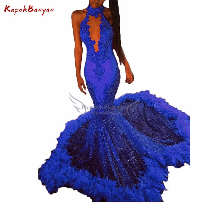 Royal Blue Красная Аппликация Холтер сексуальное длинное Русалка платье для выпускного бала без рукавов с открытой спиной перо поезд роскошное платье для выпускного вечера - Цвет: Royal Blue